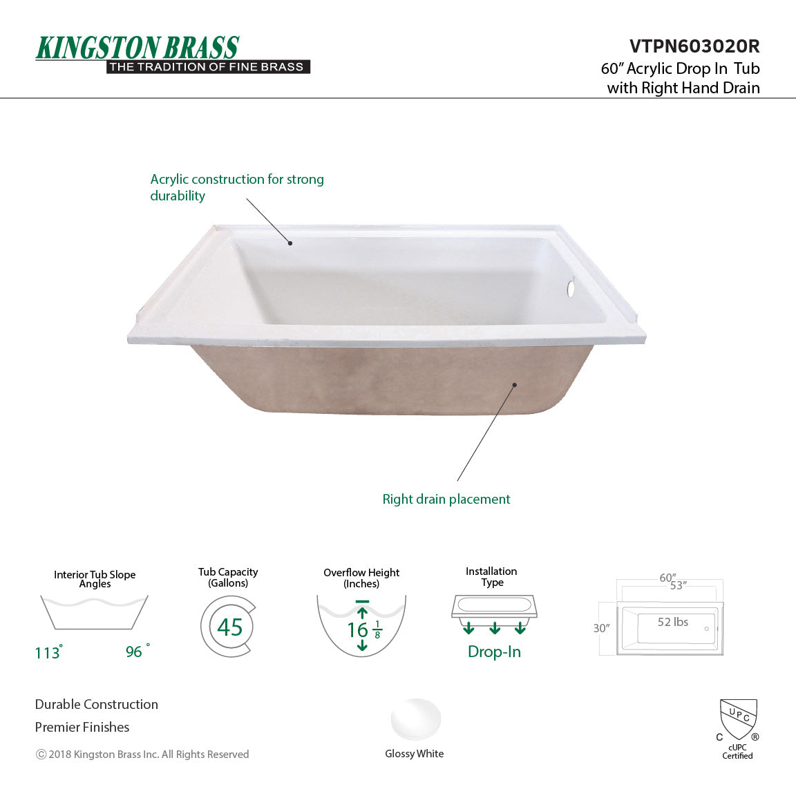 Aqua Eden VTPN603020R 60-Inch Acrylic Rectangular Drop-In Tub with Right Hand Drain, White