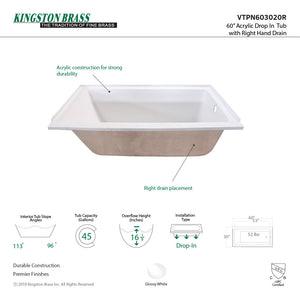 Aqua Eden VTPN603020R 60-Inch Acrylic Rectangular Drop-In Tub with Right Hand Drain, White