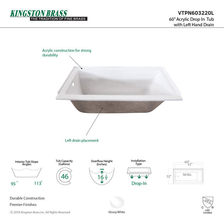 Aqua Eden VTPN603220L 60-Inch Acrylic Rectangular Drop-In Tub with Left Hand Drain, White
