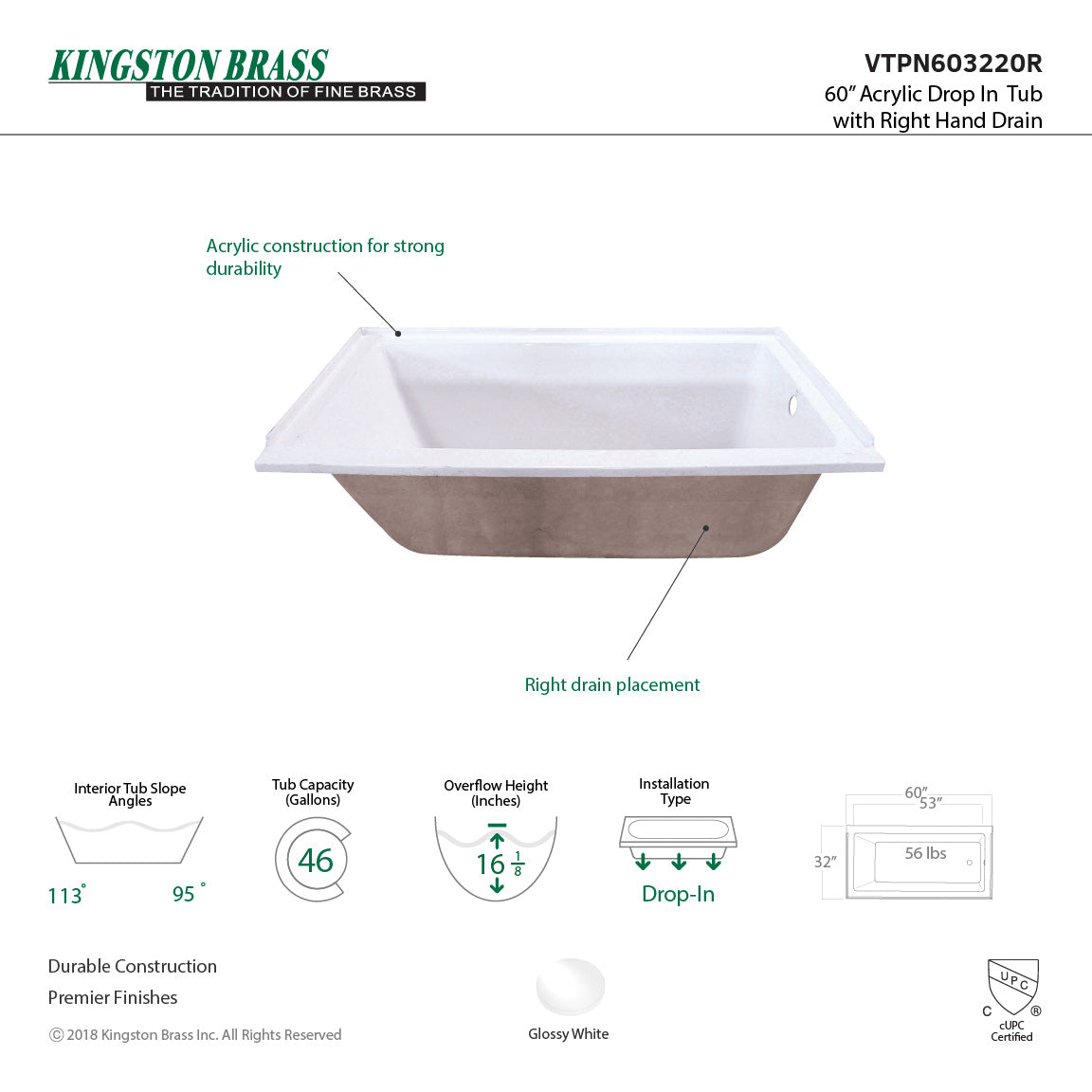 Aqua Eden VTPN603220R 60-Inch Acrylic Rectangular Drop-In Tub with Right Hand Drain, White