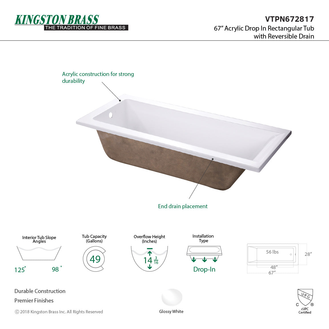 Aqua Eden VTPN672817 67-Inch Acrylic Rectangular Drop-In Tub with Reversible Drain Hole, White