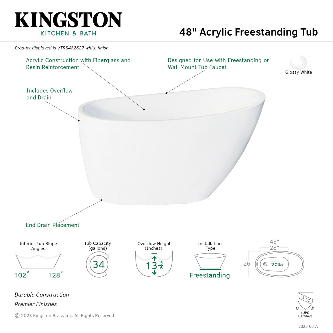 Aqua Eden VTRS482627 48-Inch Acrylic Freestanding Tub with Drain, Glossy White