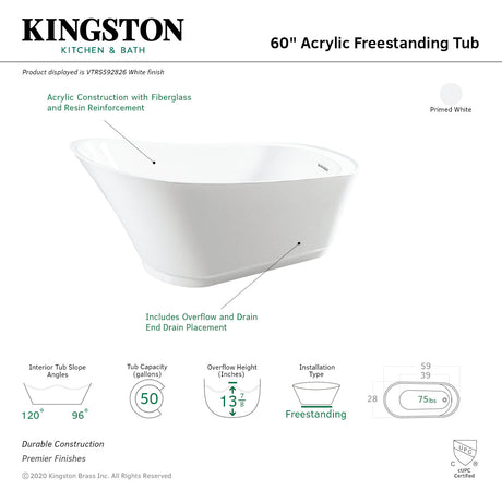 Begonia VTRS592826 59-Inch Acrylic Single Slipper Freestanding Tub with Drain, White