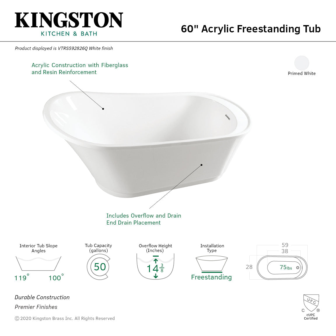 Freesia VTRS592826Q 59-Inch Acrylic Single Slipper Freestanding Tub with Drain, White