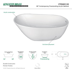 Aqua Eden VTRS683128 68-Inch Acrylic Single Slipper Freestanding Tub with Drain, White