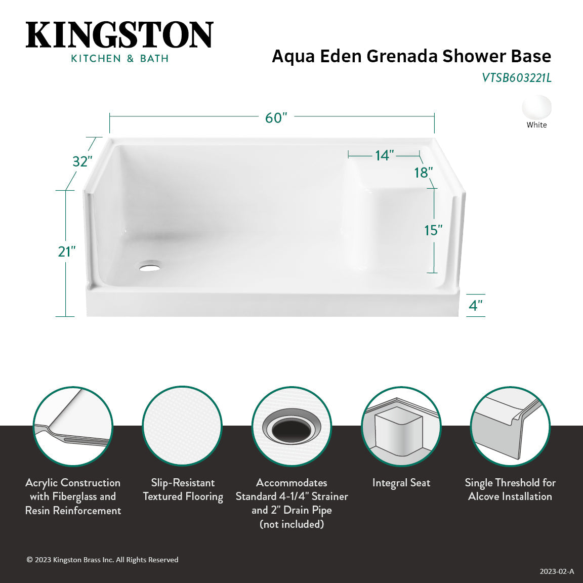 Grenada VTSB603221L 60-Inch x 32-Inch Anti-Skid Acrylic Shower Base with Integral Seat, Left Hand Drain, White