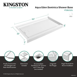Dominica VTSB60325L 60-Inch x 32-Inch Acrylic Single Threshold Shower Base with Left Hand Drain, White