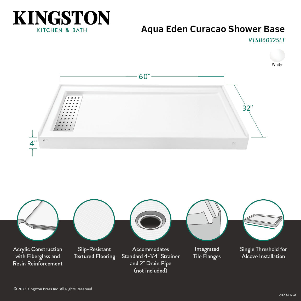 Curacao VTSB60325LT 60-Inch x 32-Inch Anti-Skid Acrylic Single Threshold Shower Base with Left Drain, Glossy White