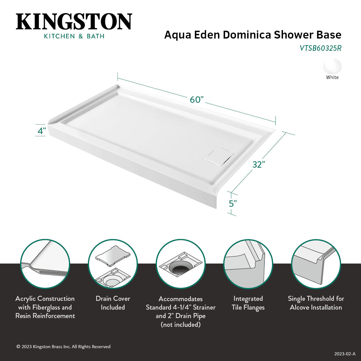 Dominica VTSB60325R 60-Inch x 32-Inch Acrylic Single Threshold Shower Base with Right Hand Drain, White