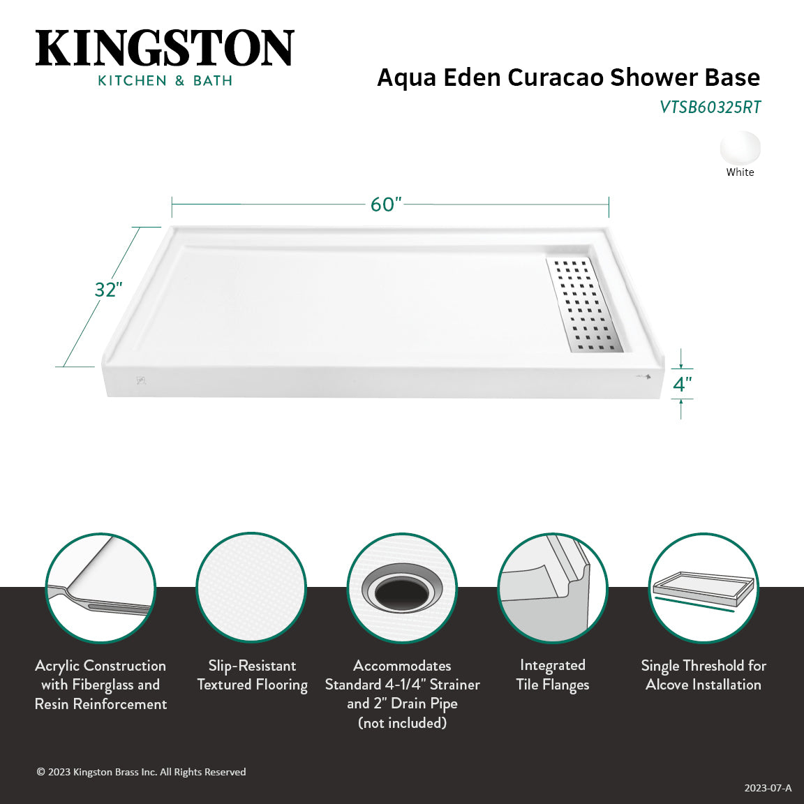 Curacao VTSB60325RT 60-Inch x 32-Inch Anti-Skid Acrylic Single Threshold Shower Base with Right Drain, Glossy White