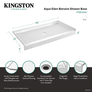 Bonaire VTSB60326C 60-Inch x 32-Inch Anti-Skid Acrylic Shower Base with Center Drain, White