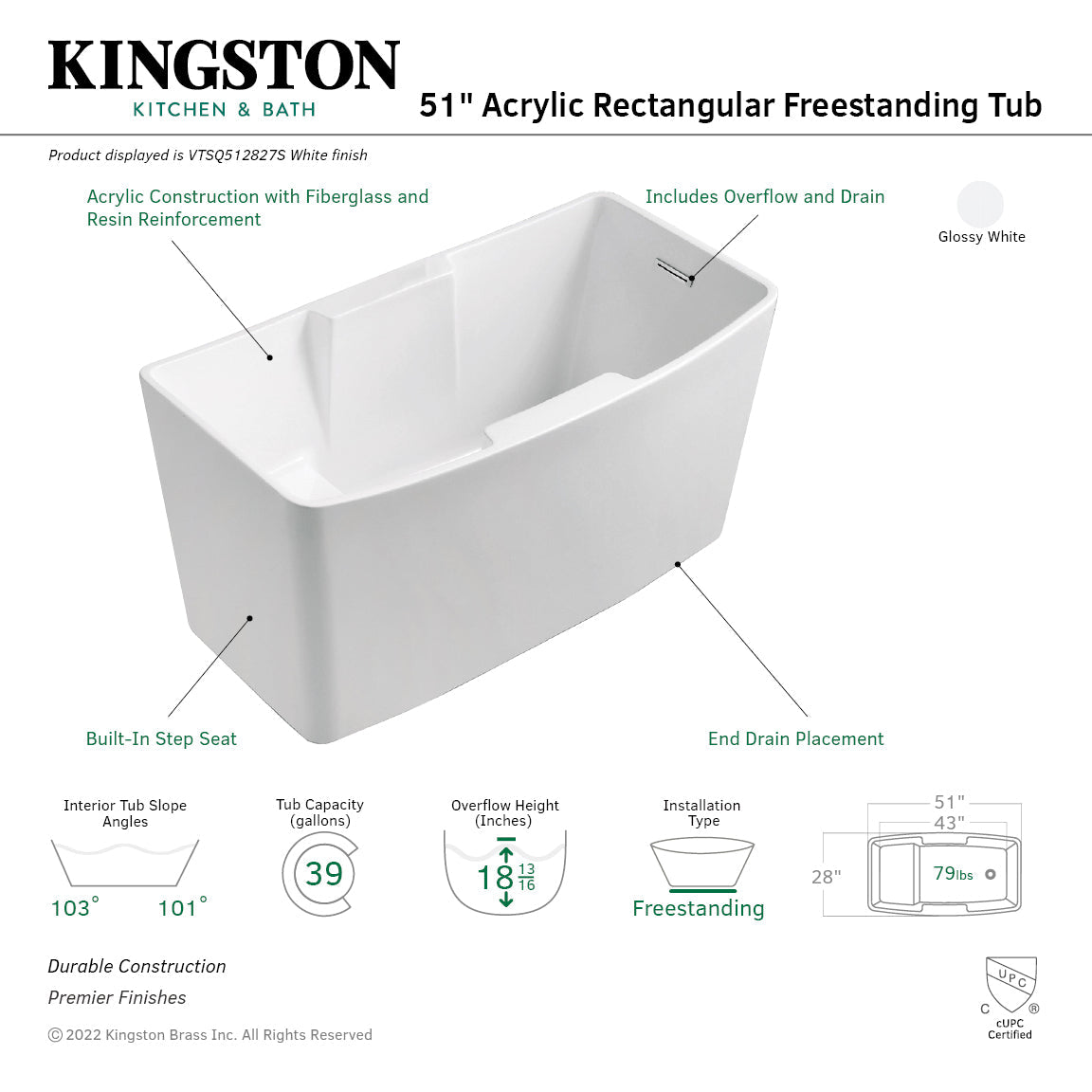 Aqua Eden VTSQ512827S 51-Inch Acrylic Rectangular Freestanding Tub with Drain and Integrated Seat, Glossy White