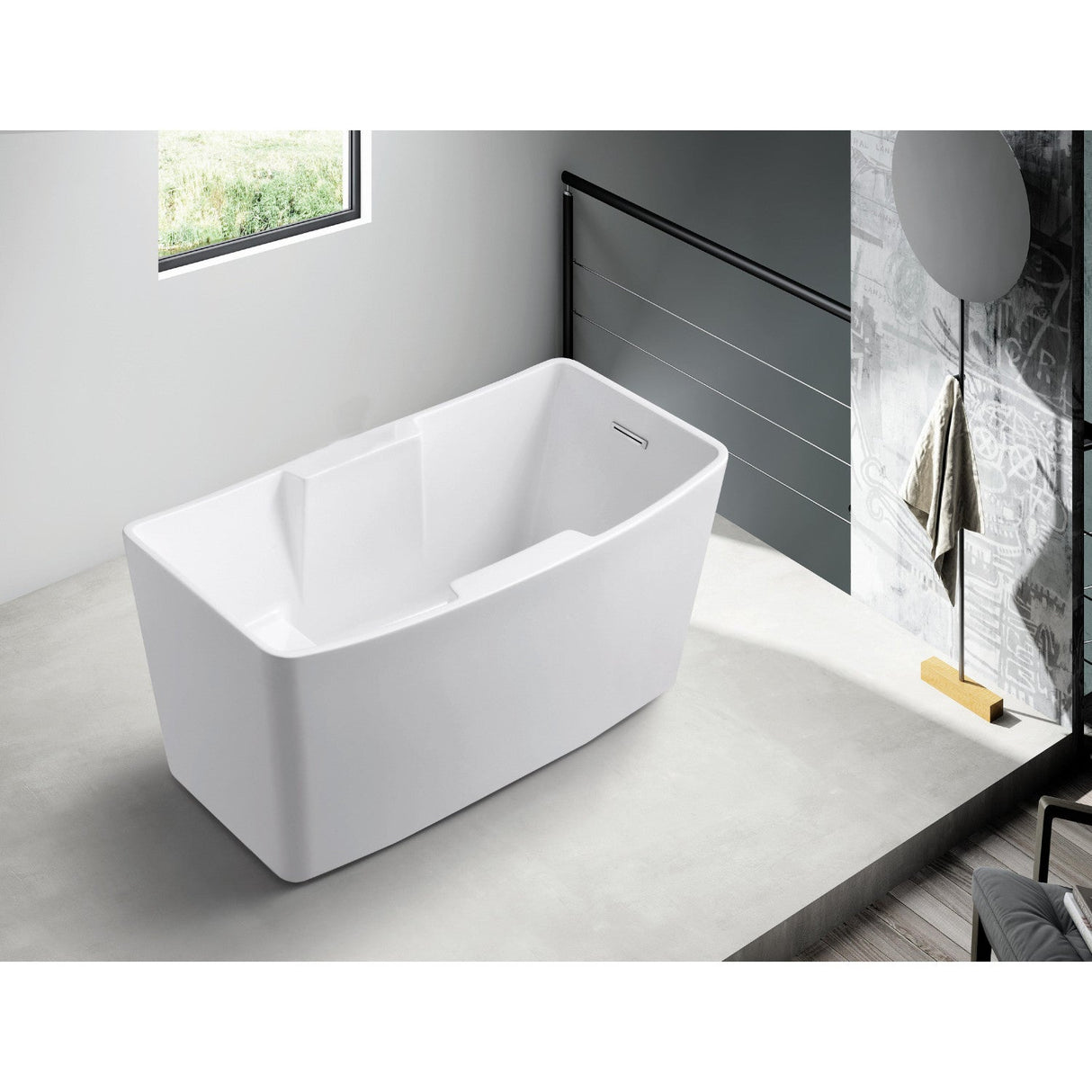 Aqua Eden VTSQ512827S 51-Inch Acrylic Rectangular Freestanding Tub with Drain and Integrated Seat, Glossy White