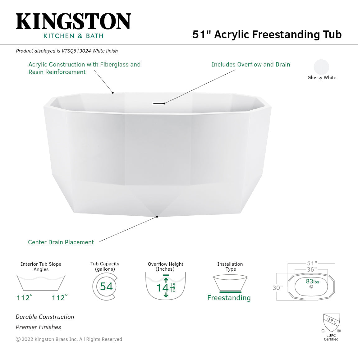 Aqua Eden VTSQ513024 51-Inch Acrylic Freestanding Tub with Drain, Glossy White