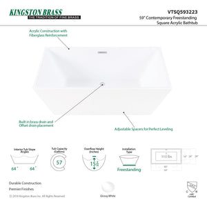 Aqua Eden VTSQ593223 59-Inch Acrylic Freestanding Tub with Drain, White