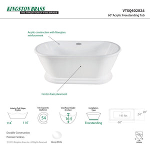 Aqua Eden VTSQ602824 60-Inch Acrylic Double Ended Pedestal Tub with Square Overflow and Pop-Up Drain, White