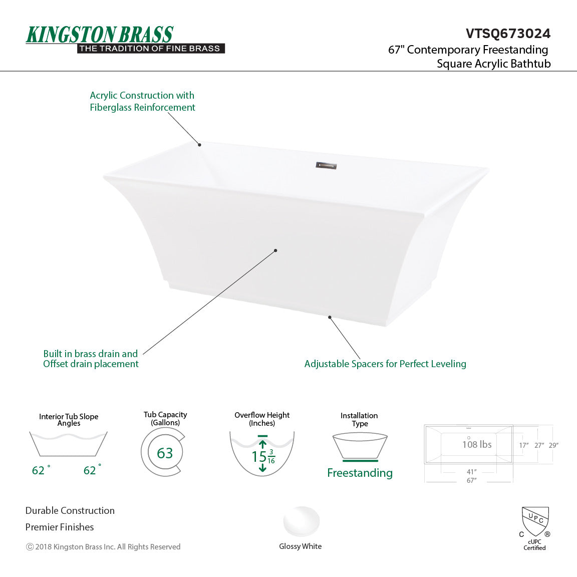 Aqua Eden VTSQ673024 67-Inch Acrylic Freestanding Tub with Drain, White