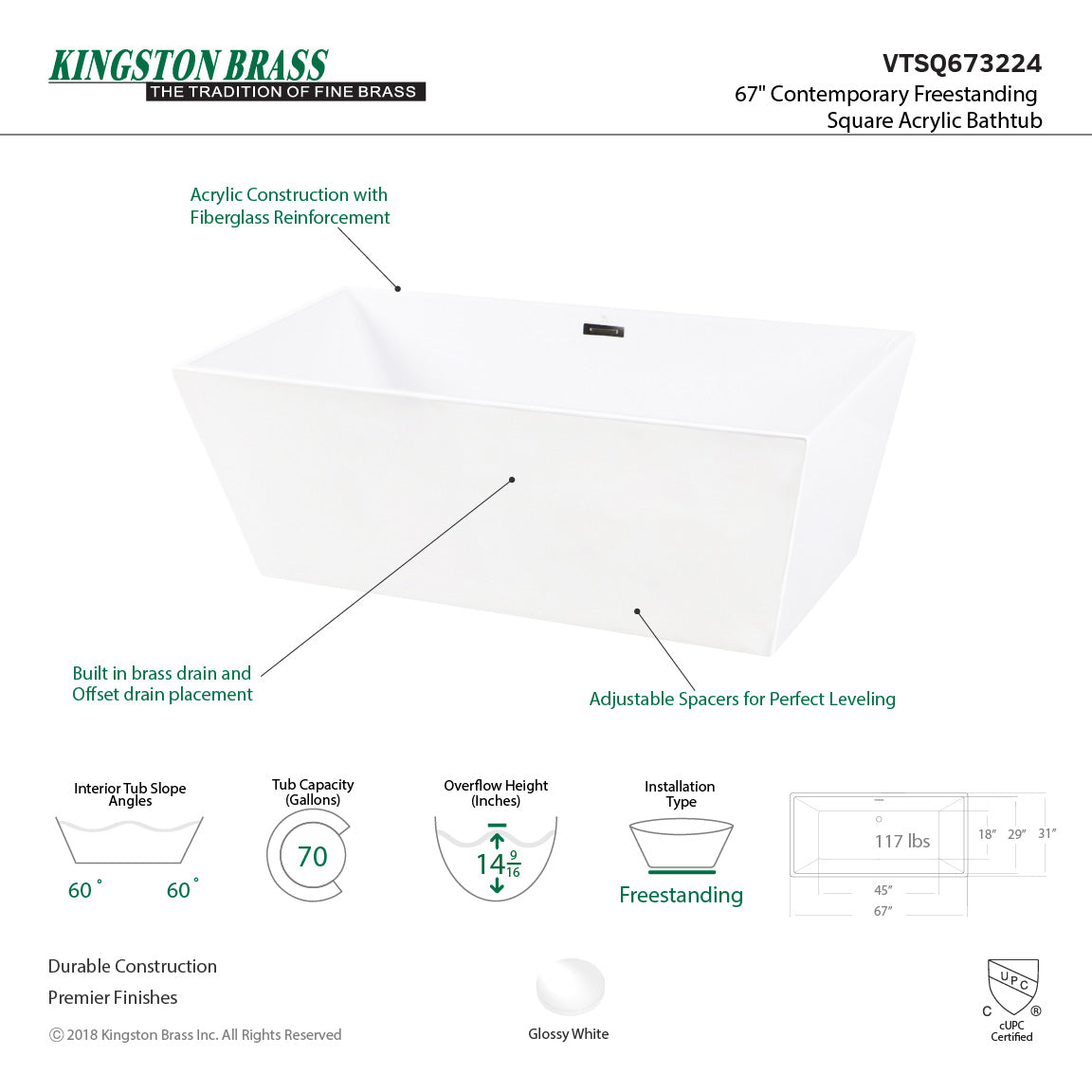 Aqua Eden VTSQ673224 67-Inch Acrylic Freestanding Tub with Drain, White