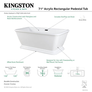 Aqua Eden VTSQ713224 71-Inch Acrylic Rectangular Pedestal Bathtub with Drain, Glossy White