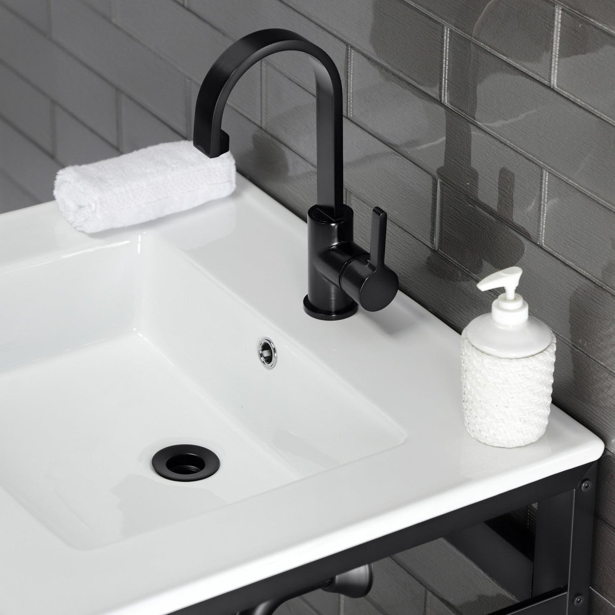 Fauceture VWP2522A0 25-Inch Ceramic Console Sink Set, White/Matte Black