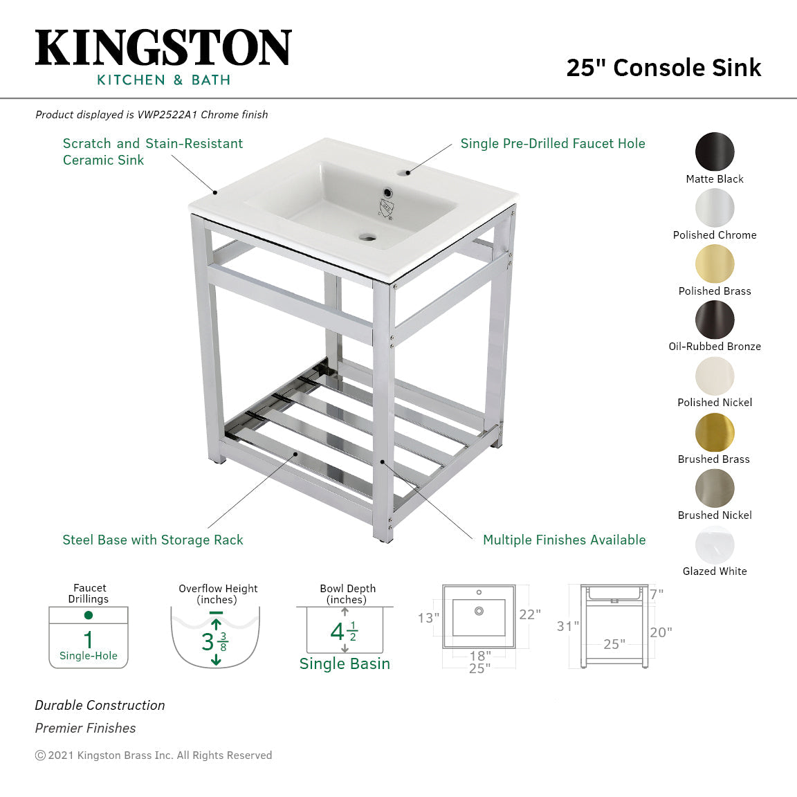 Fauceture VWP2522A1 25-Inch Ceramic Console Sink Set, White/Chrome