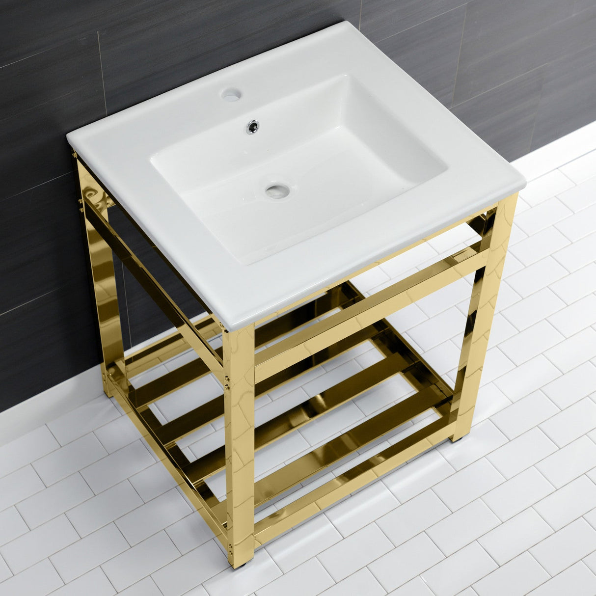 Fauceture VWP2522A2 25-Inch Ceramic Console Sink Set, White/Polished Brass