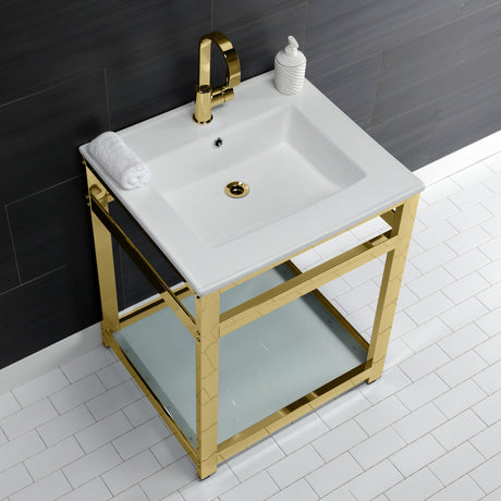 Fauceture VWP2522B2 25-Inch Ceramic Console Sink Set, White/Polished Brass