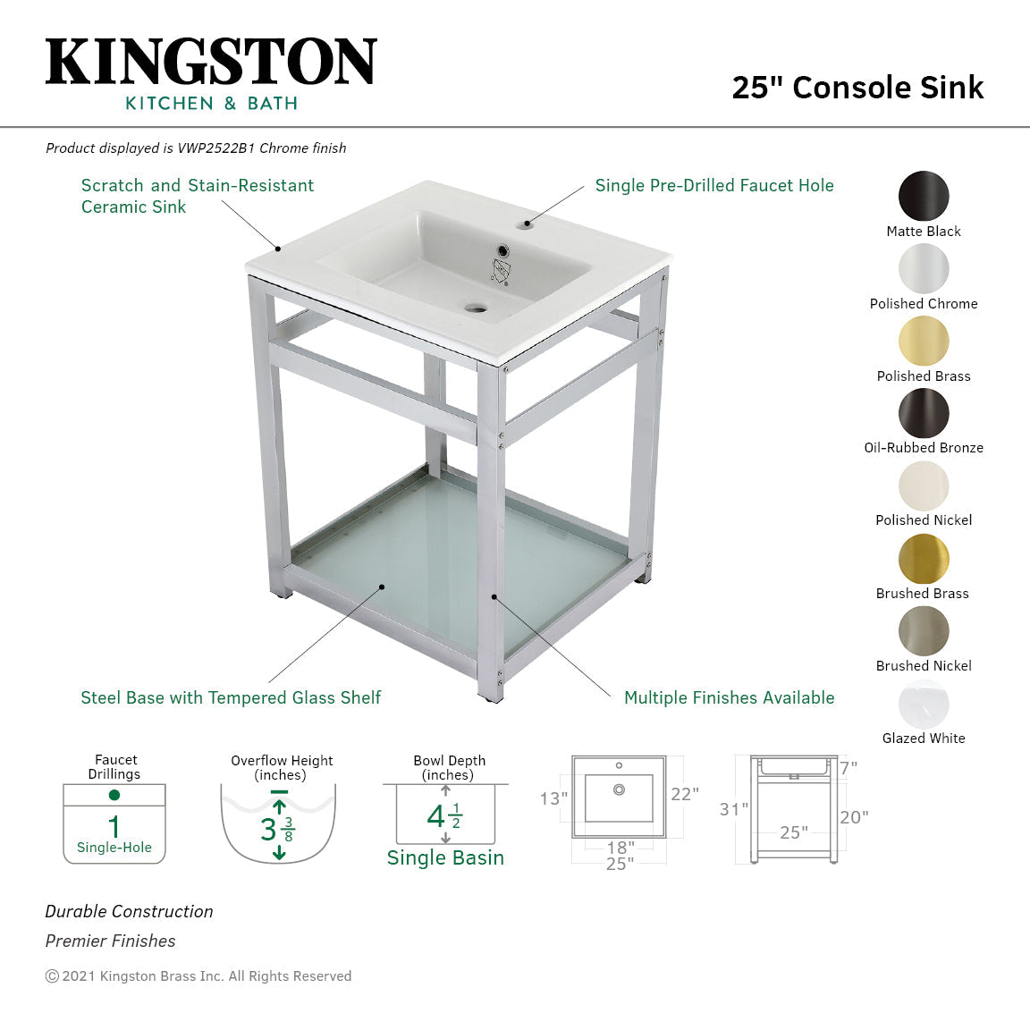 Fauceture VWP2522B5 25-Inch Ceramic Console Sink Set, White/Oil Rubbed Bronze