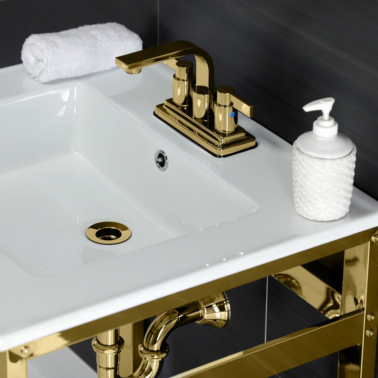 Fauceture VWP2522W4A2 25-Inch Ceramic Console Sink Set, White/Polished Brass