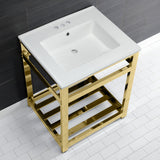 Fauceture VWP2522W4A2 25-Inch Ceramic Console Sink Set, White/Polished Brass