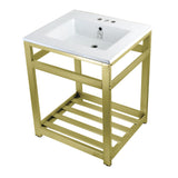 Fauceture VWP2522W4A7 25-Inch Ceramic Console Sink Set, White/Brushed Brass