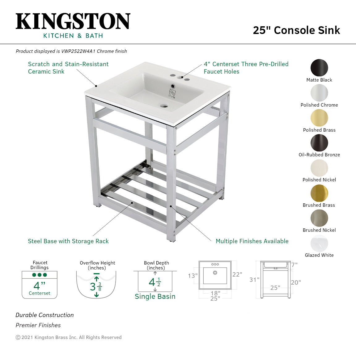 Fauceture VWP2522W4A8 25-Inch Ceramic Console Sink Set, White/Brushed Nickel