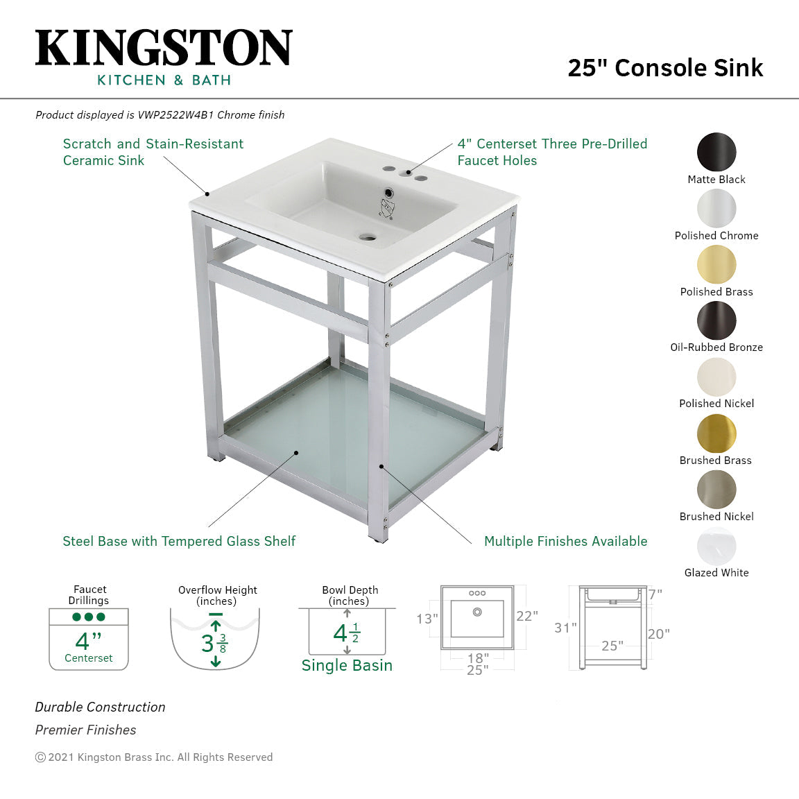 Fauceture VWP2522W4B1 25-Inch Ceramic Console Sink Set, White/Chrome