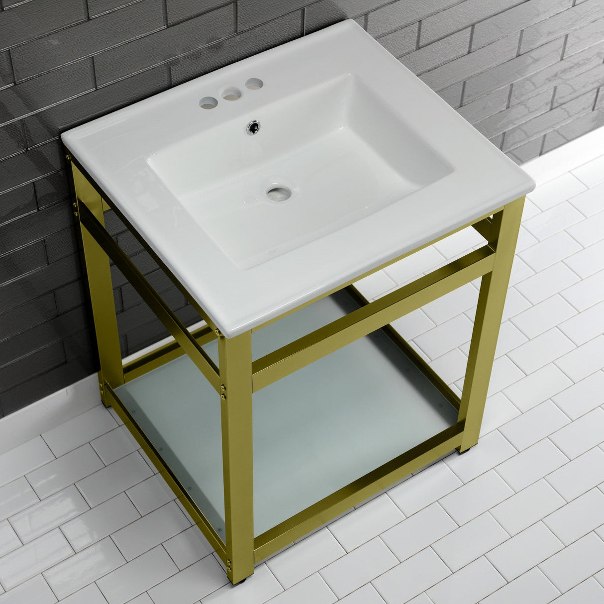 Fauceture VWP2522W4B7 25-Inch Ceramic Console Sink Set, White/Brushed Brass