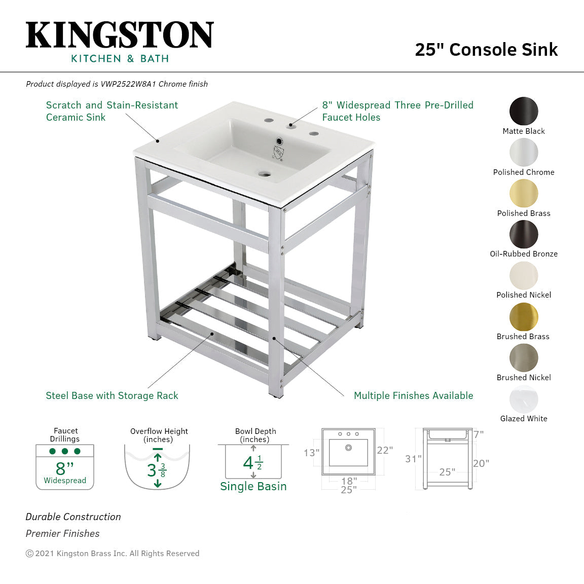 Fauceture VWP2522W8A0 25-Inch Ceramic Console Sink Set, White/Matte Black