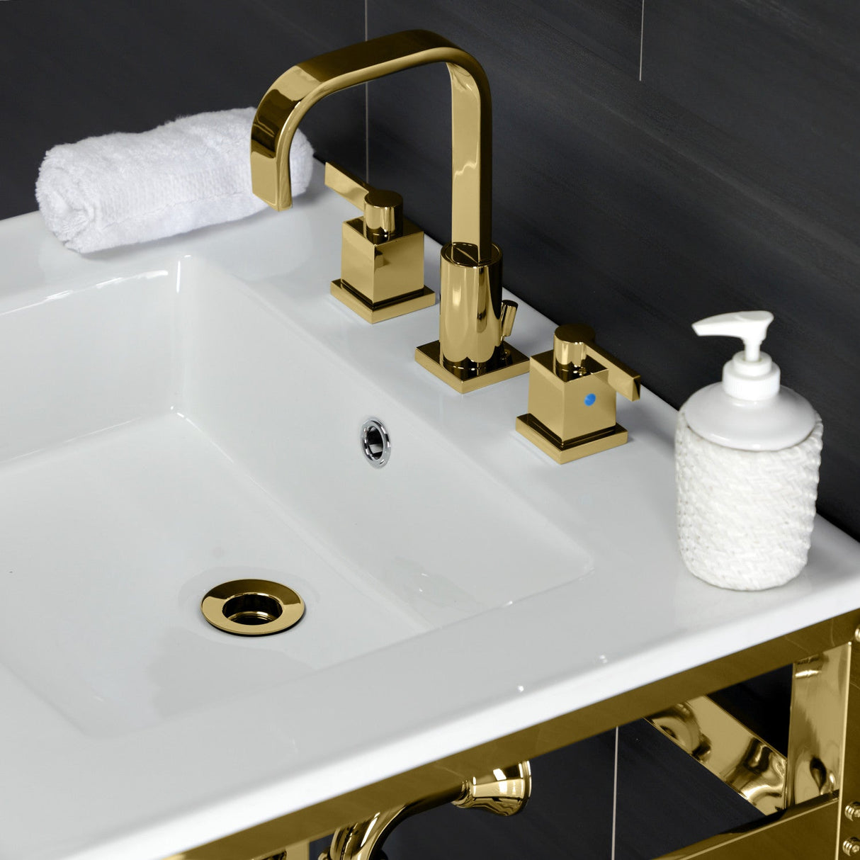 Fauceture VWP2522W8A2 25-Inch Ceramic Console Sink Set, White/Polished Brass