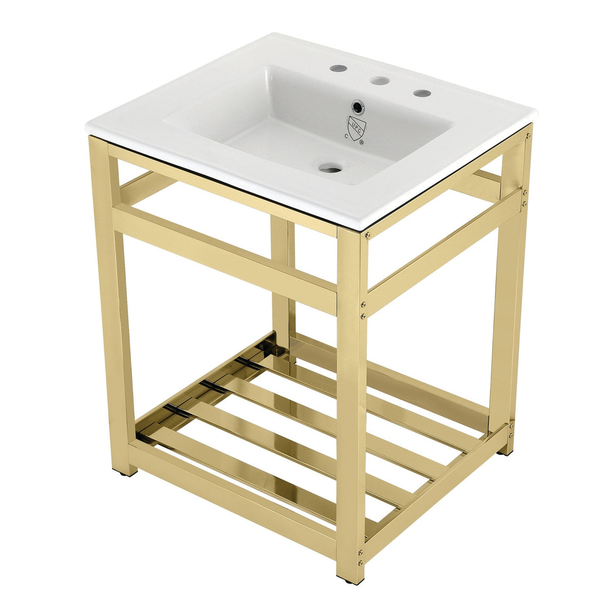 Fauceture VWP2522W8A2 25-Inch Ceramic Console Sink Set, White/Polished Brass