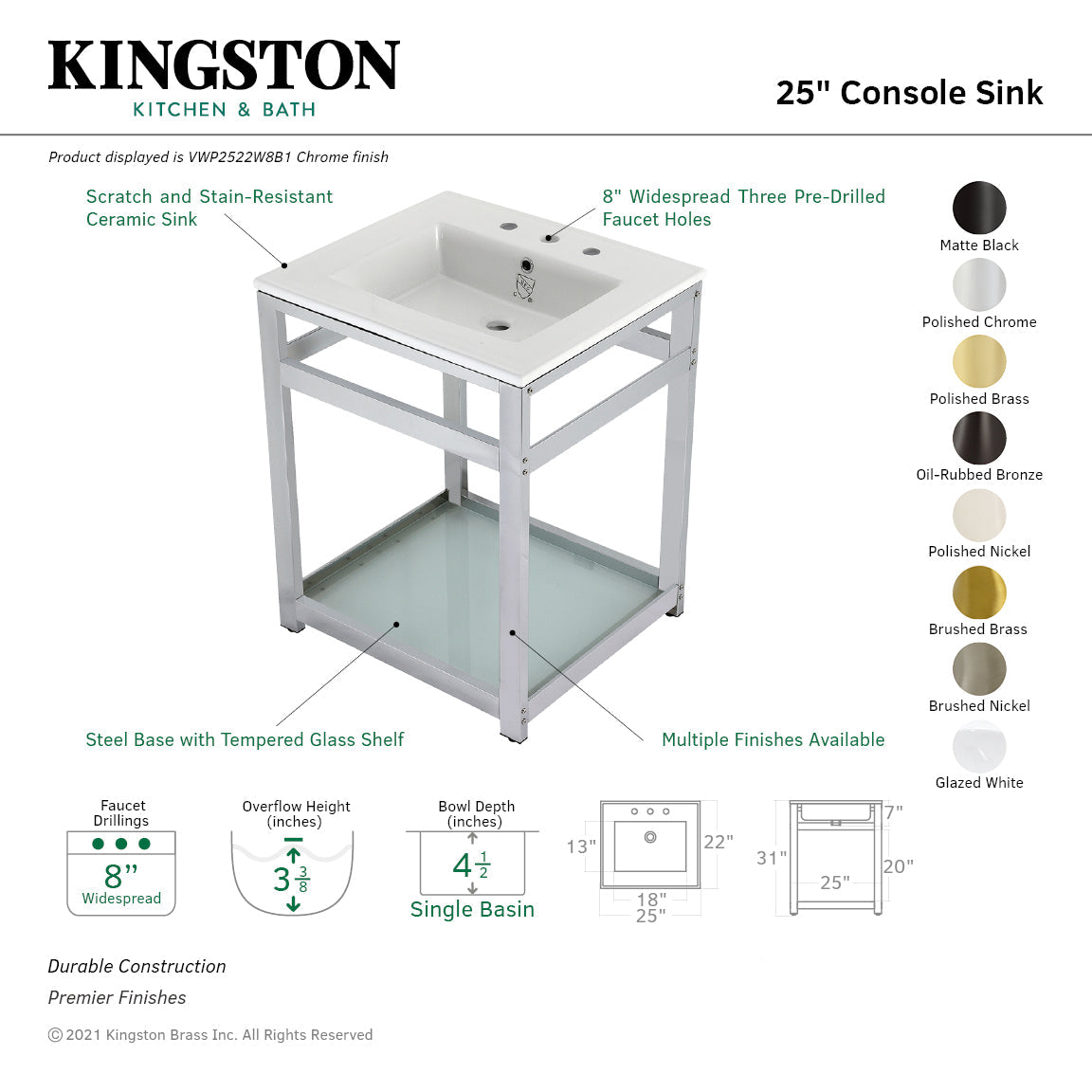 Fauceture VWP2522W8B5 25-Inch Ceramic Console Sink Set, White/Oil Rubbed Bronze