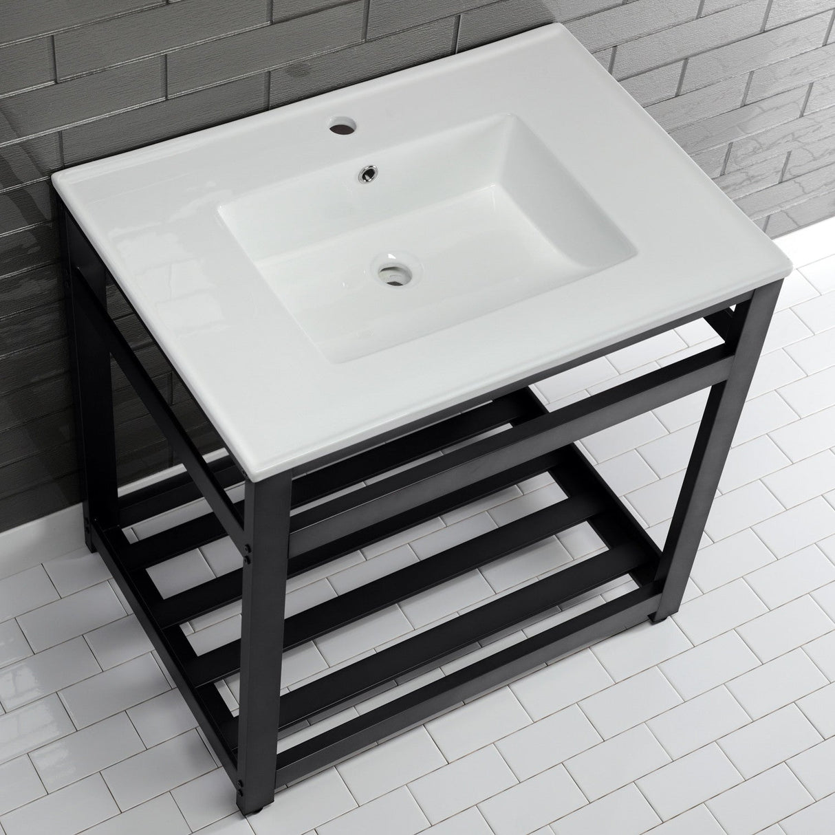 Fauceture VWP3122A0 31-Inch Ceramic Console Sink Set, White/Matte Black