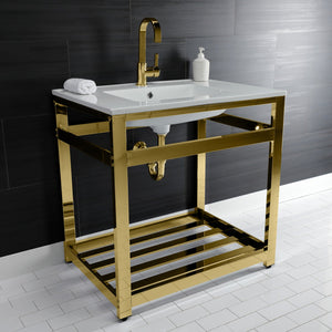 Fauceture VWP3122A2 31-Inch Ceramic Console Sink Set, White/Polished Brass
