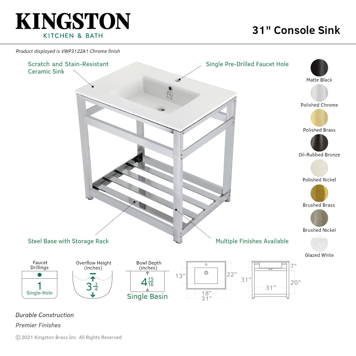 Fauceture VWP3122A6 31-Inch Ceramic Console Sink Set, White/Polished Nickel