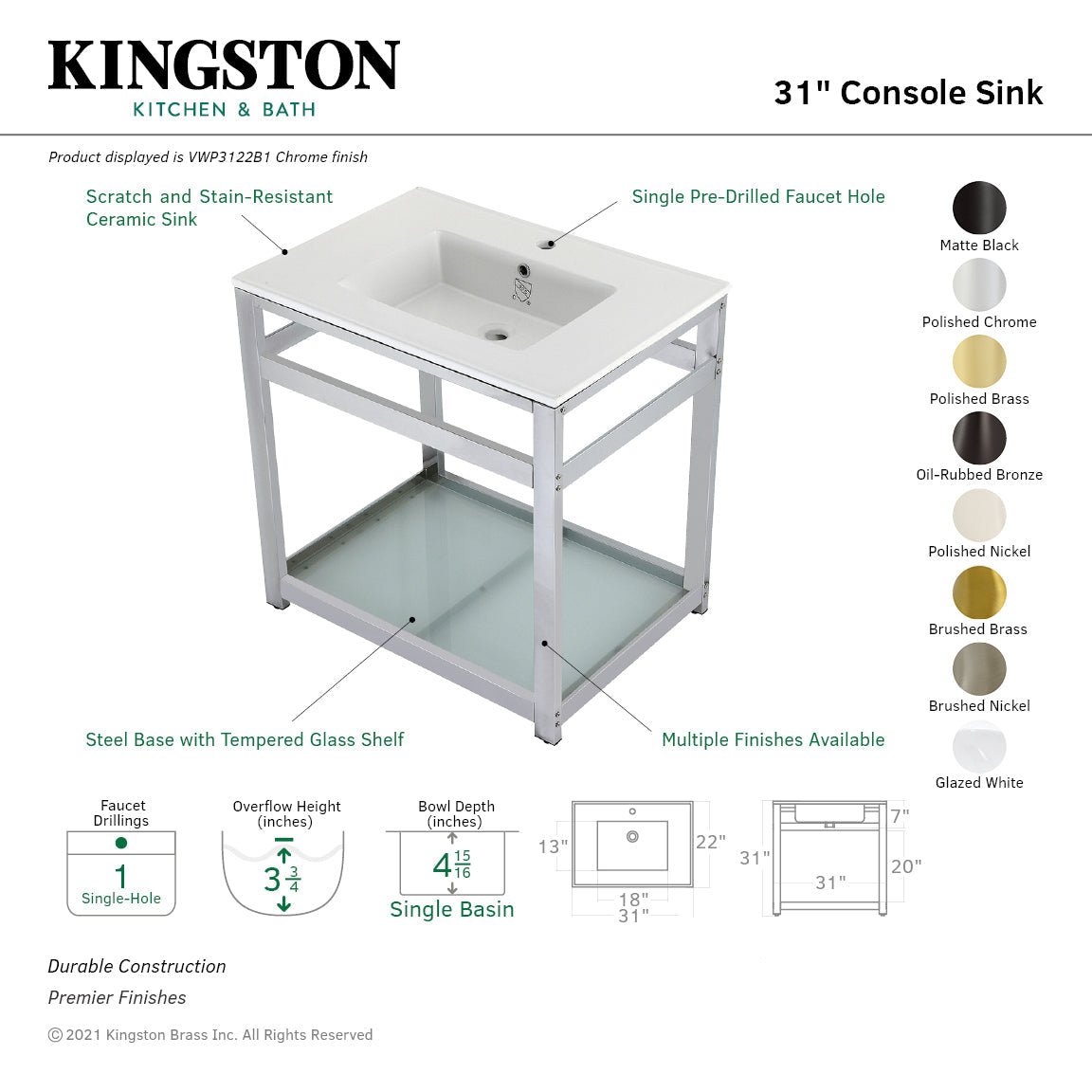 Fauceture VWP3122B0 31-Inch Ceramic Console Sink Set, White/Matte Black