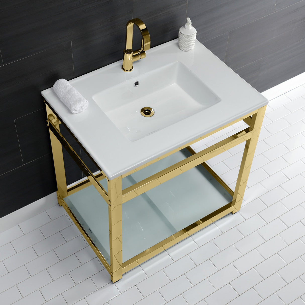 Fauceture VWP3122B2 31-Inch Ceramic Console Sink Set, White/Polished Brass