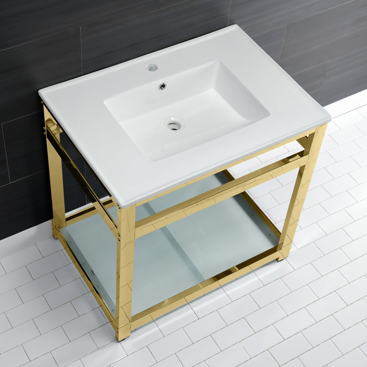 Fauceture VWP3122B2 31-Inch Ceramic Console Sink Set, White/Polished Brass