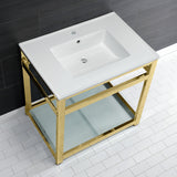 Fauceture VWP3122B2 31-Inch Ceramic Console Sink Set, White/Polished Brass