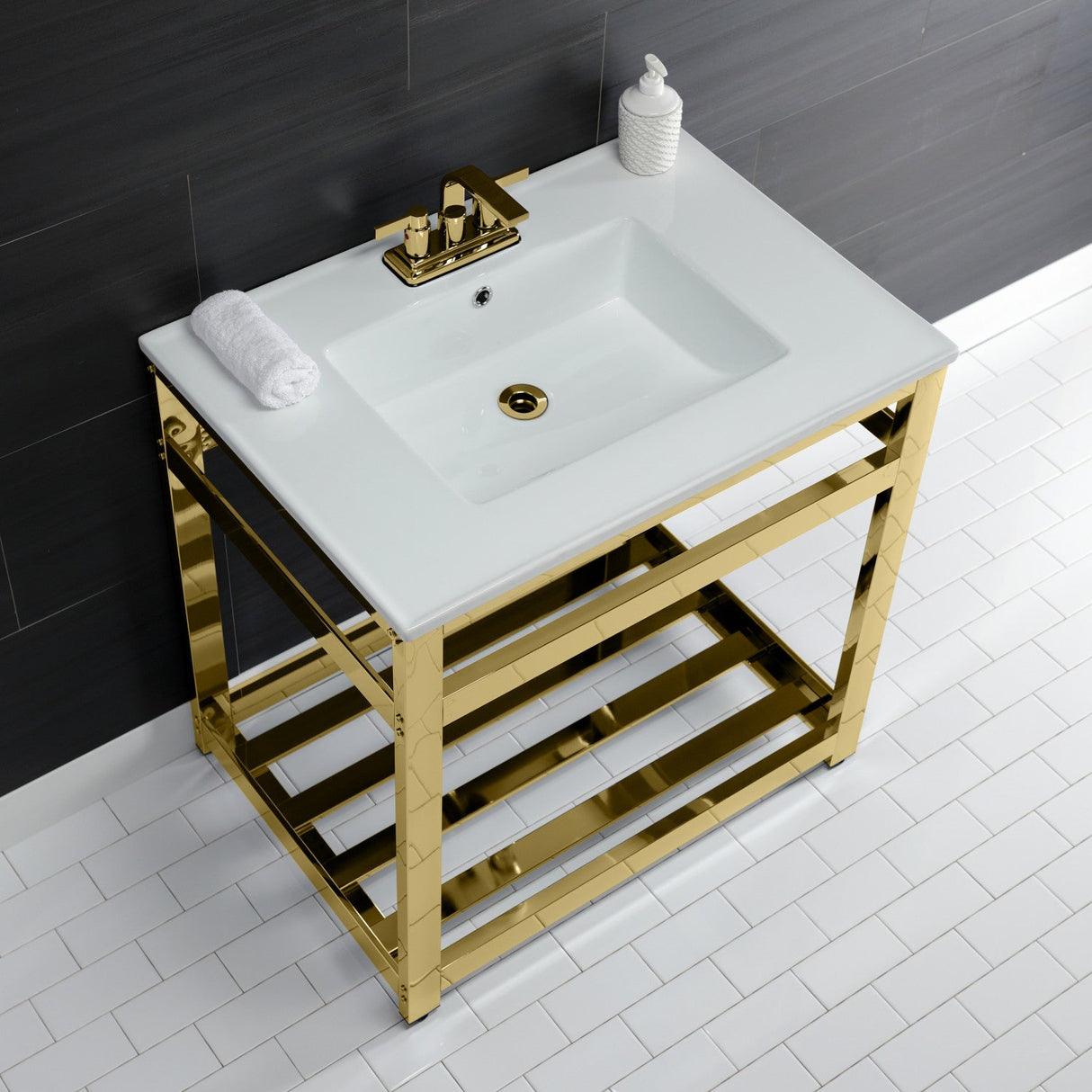 Fauceture VWP3122W4A2 31-Inch Ceramic Console Sink Set, White/Polished Brass