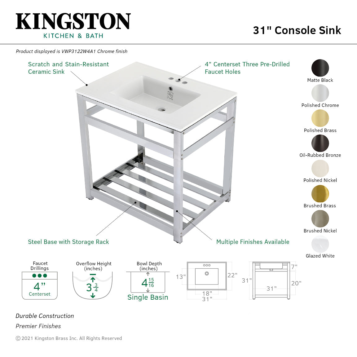 Fauceture VWP3122W4A6 31-Inch Ceramic Console Sink Set, White/Polished Nickel