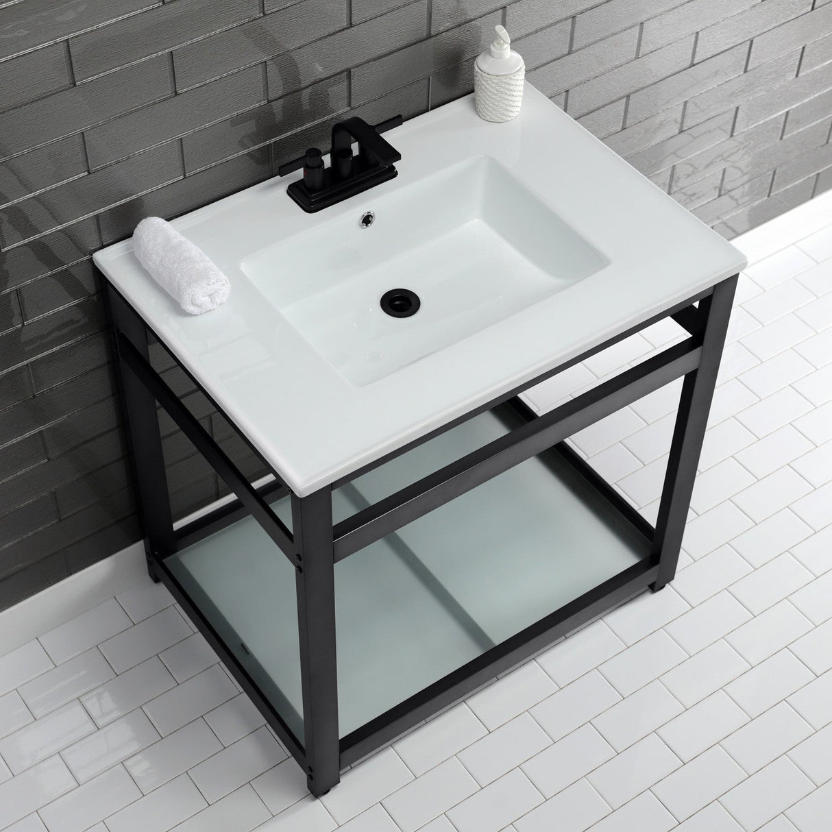 Fauceture VWP3122W4B0 31-Inch Ceramic Console Sink Set, White/Matte Black