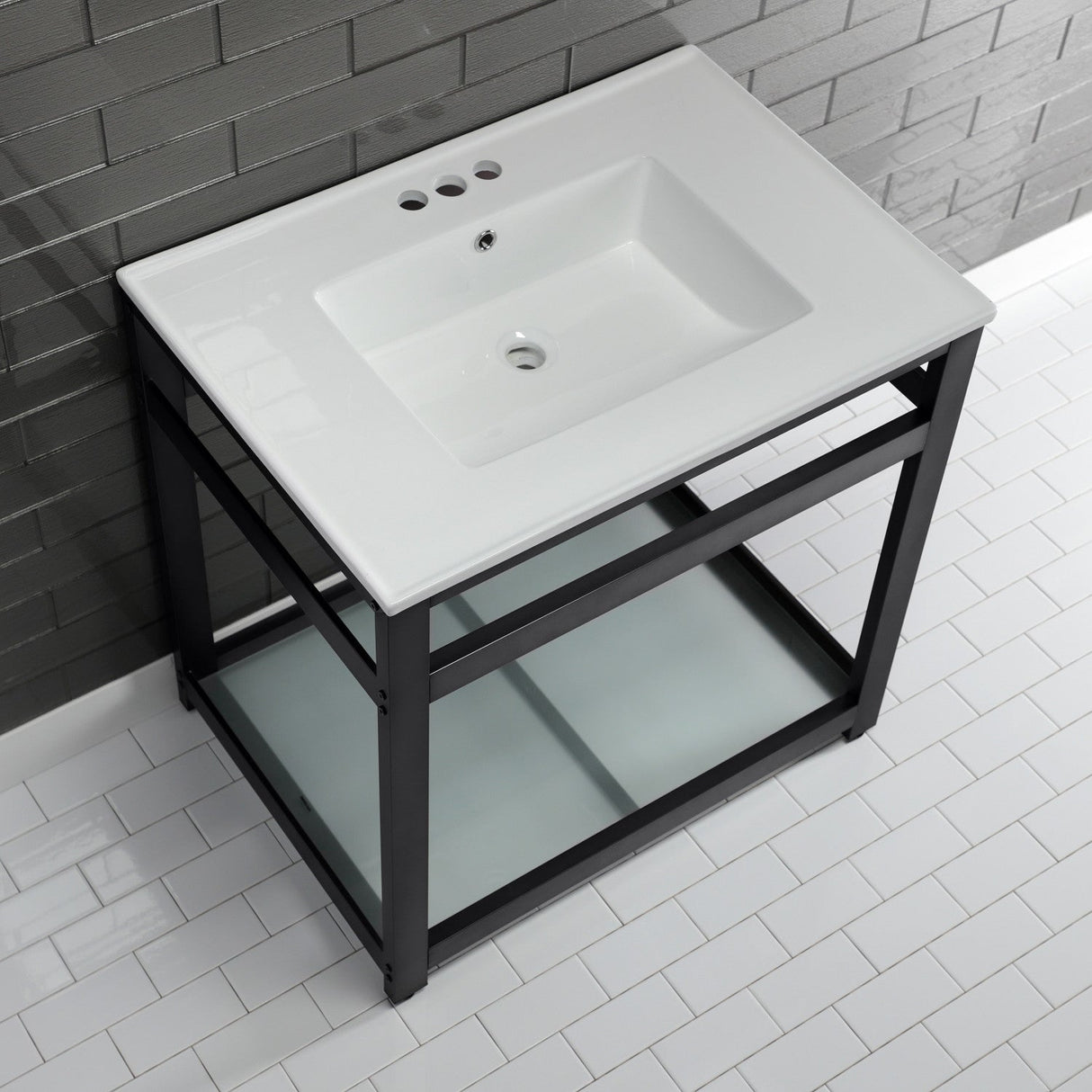 Fauceture VWP3122W4B0 31-Inch Ceramic Console Sink Set, White/Matte Black