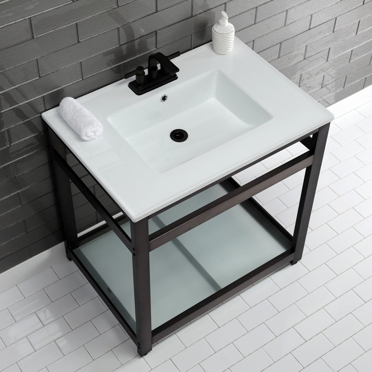 Fauceture VWP3122W4B5 31-Inch Ceramic Console Sink Set, White/Oil Rubbed Bronze